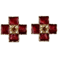 Vintage YVES SAINT LAURENT Ysl by Robert Goossens Red Enamel Cross Rhinestone Earrings