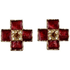 YVES SAINT LAURENT Ysl by Robert Goossens Red Enamel Cross Rhinestone Earrings