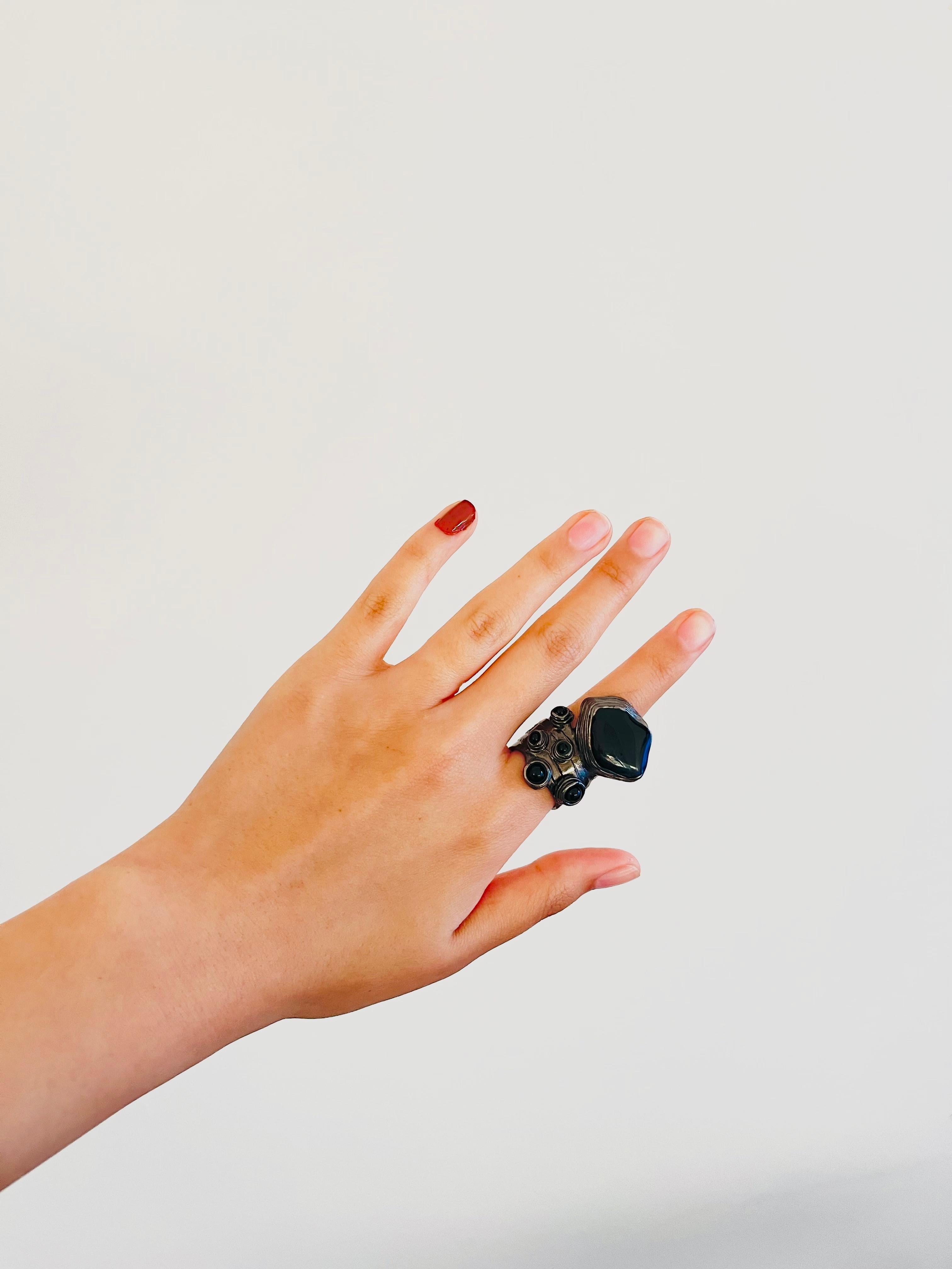 Women's or Men's Yves Saint Laurent YSL Cabochon Black Enamel Dots Chunky Silver Ring, Size 6