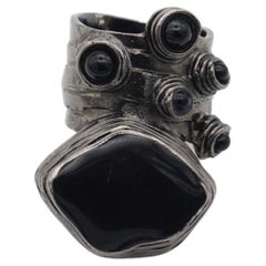 Yves Saint Laurent YSL Cabochon Black Enamel Dots Chunky Silver Ring, Size 6