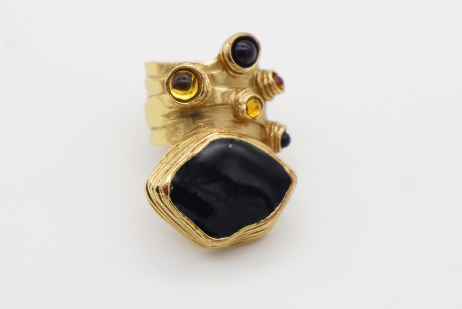Classical Greek Yves Saint Laurent YSL Cabochon Black Yellow Enamel Chunky Gold Ring, Size 6