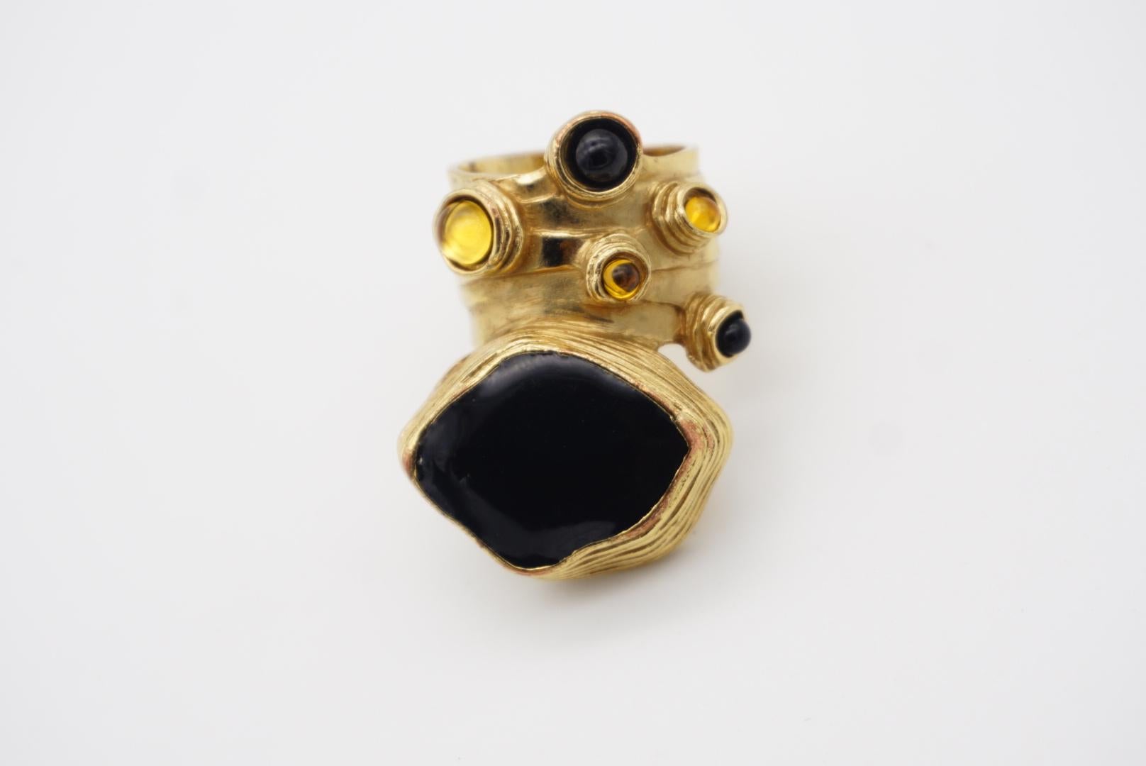 Yves Saint Laurent YSL Cabochon Black Yellow Enamel Chunky Gold Ring, Size 6 1