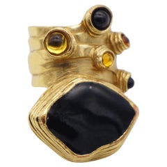 Yves Saint Laurent YSL Cabochon Black Yellow Enamel Chunky Gold Ring, Size 6