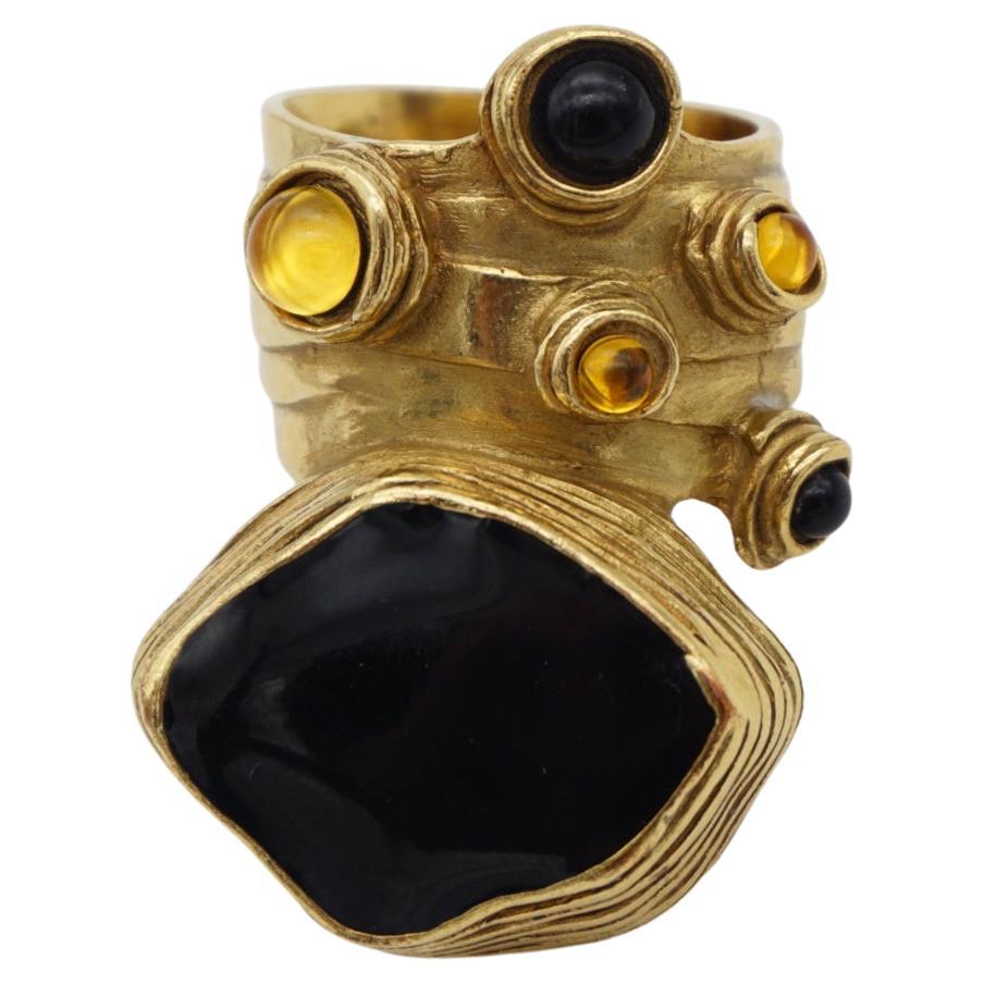 Yves Saint Laurent YSL Cabochon Black Yellow Enamel Gold Chunky Ring, Size 7