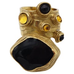Vintage Yves Saint Laurent YSL Cabochon Black Yellow Enamel Gold Chunky Ring, Size 7