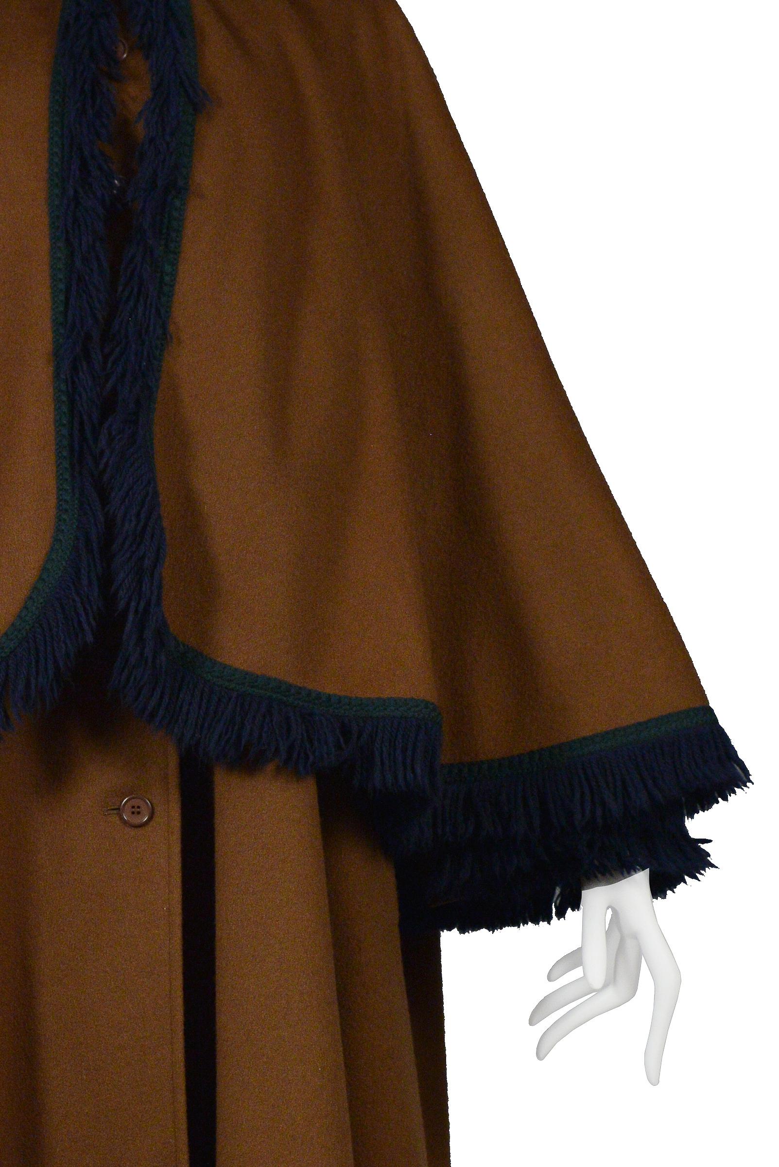 Black Yves Saint Laurent YSL Caramel Brown Wool Cape Coat with Hood and Fringe 