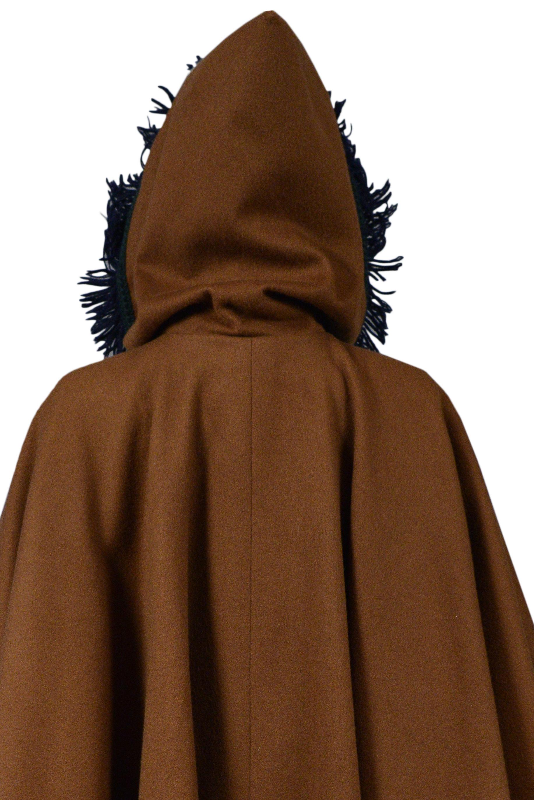 Yves Saint Laurent YSL Caramel Brown Wool Cape Coat with Hood and Fringe  In Excellent Condition In Los Angeles, CA