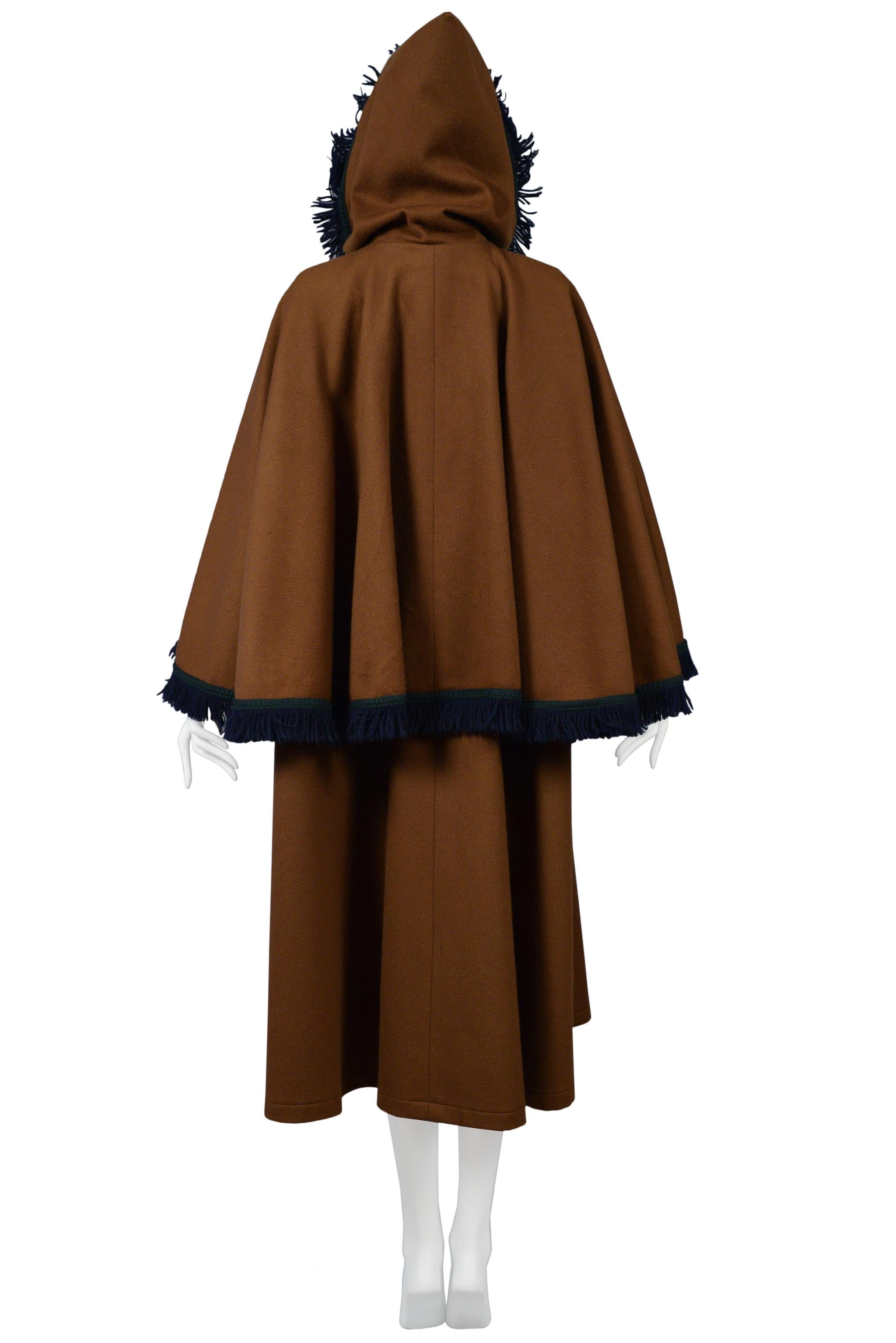 Yves Saint Laurent YSL Caramel Brown Wool Cape Coat with Hood and Fringe  1