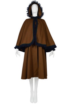 Yves Saint Laurent YSL Caramel Brown Wool Cape Coat with Hood and Fringe