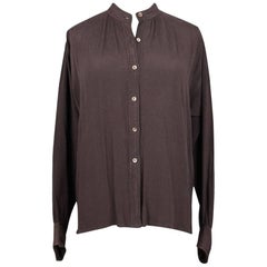 Yves Saint Laurent YSL Chocolate Brown Crinkled Jacquard Silk Blouse Top, 1970s