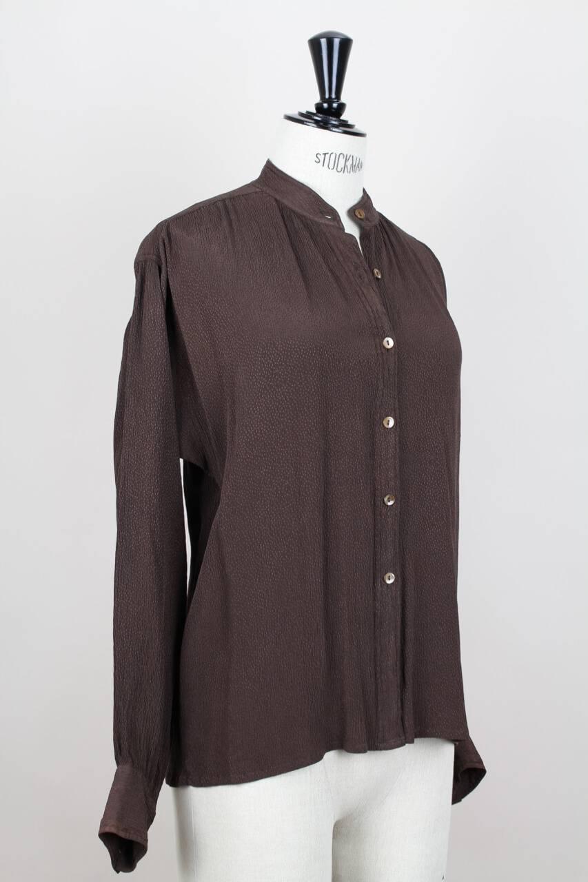 Women's Yves Saint Laurent YSL Chocolate Brown Crinkled Jacquard Silk Blouse Top, 1970s