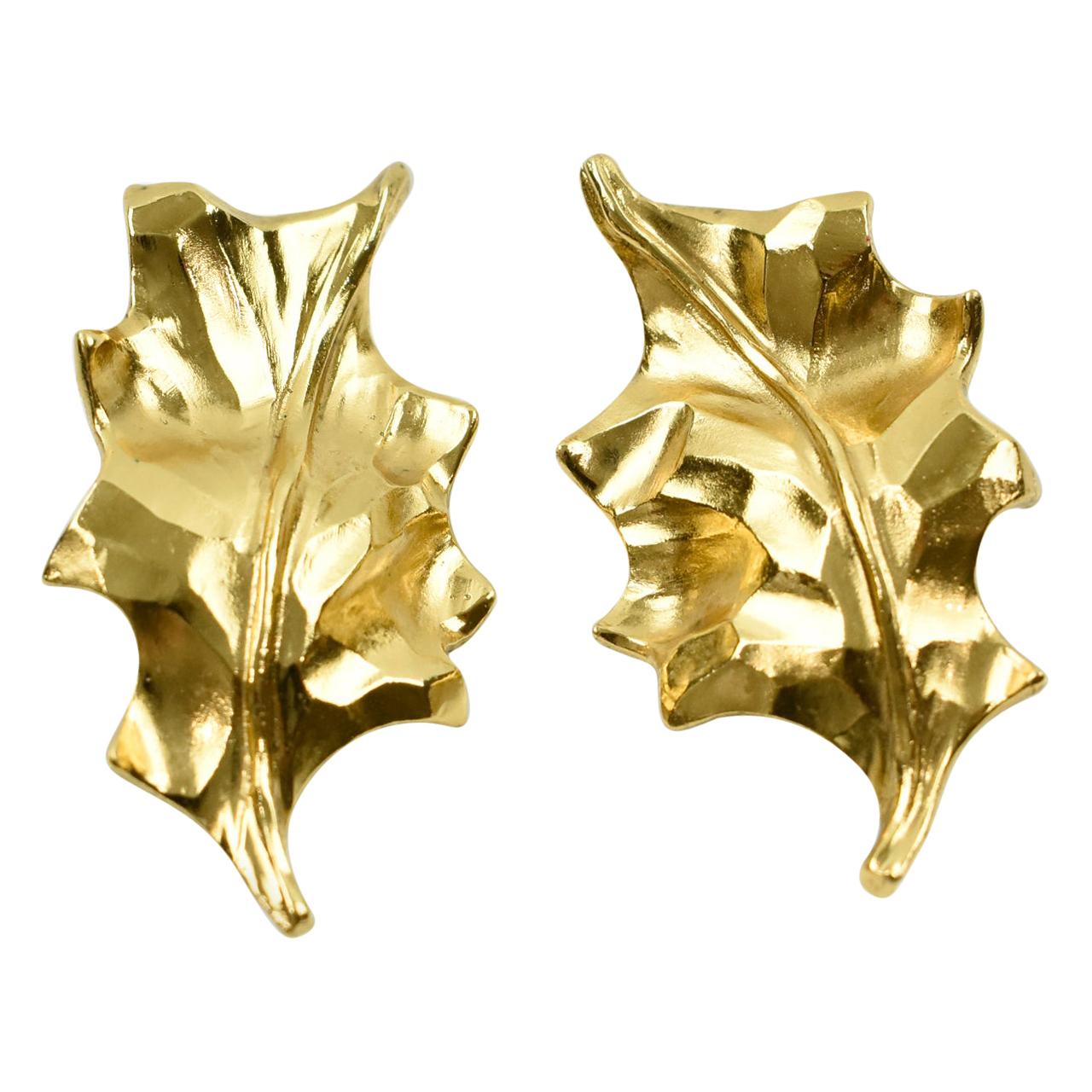 Yves Saint Laurent YSL Clip Earrings Gilt Metal Carved Leaf at 1stDibs