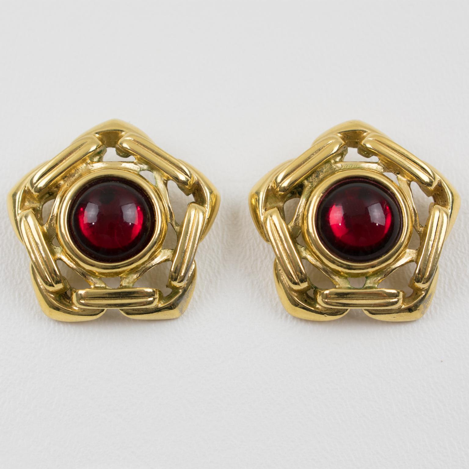Yves Saint Laurent YSL Clip Earrings Ruby Red Cabochon In Good Condition In Atlanta, GA