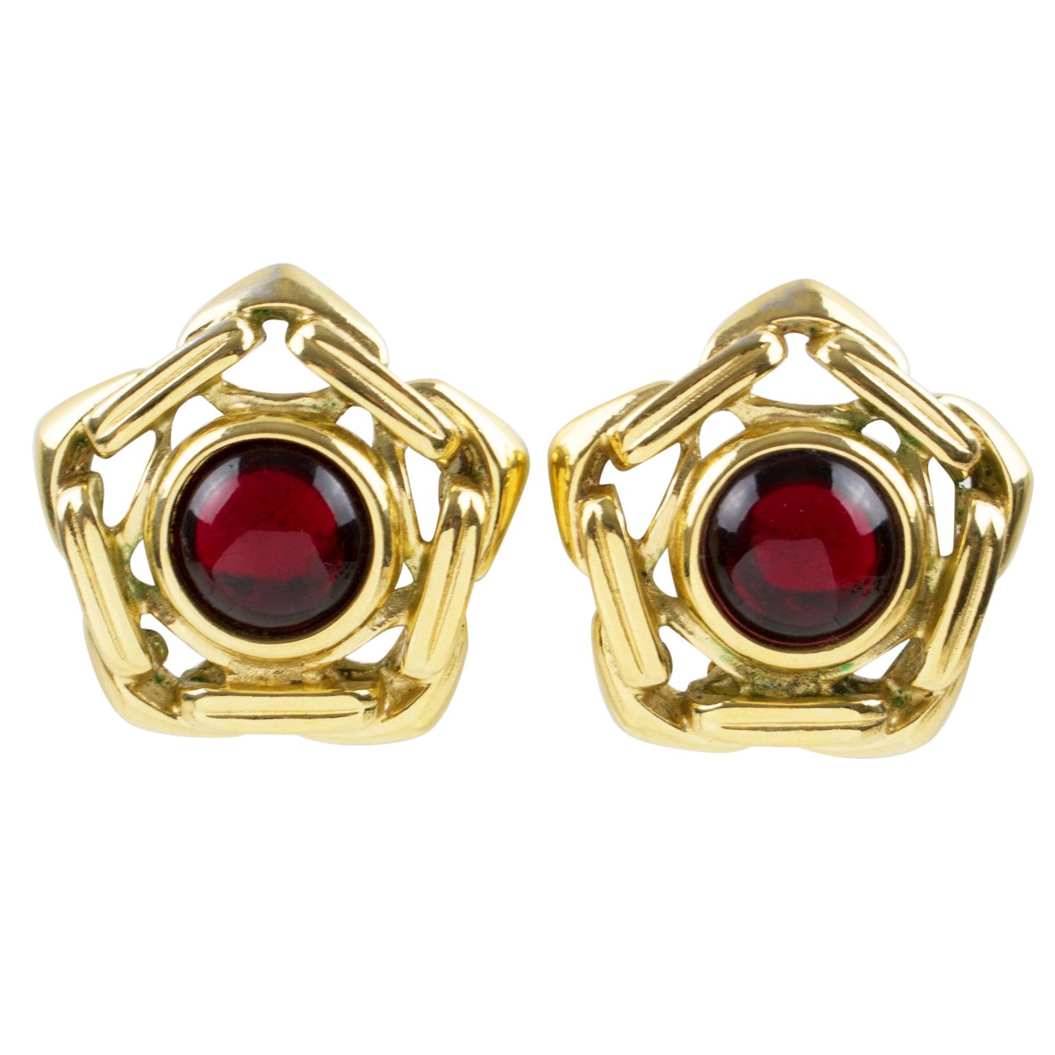 Yves Saint Laurent YSL Clip Earrings Ruby Red Cabochon