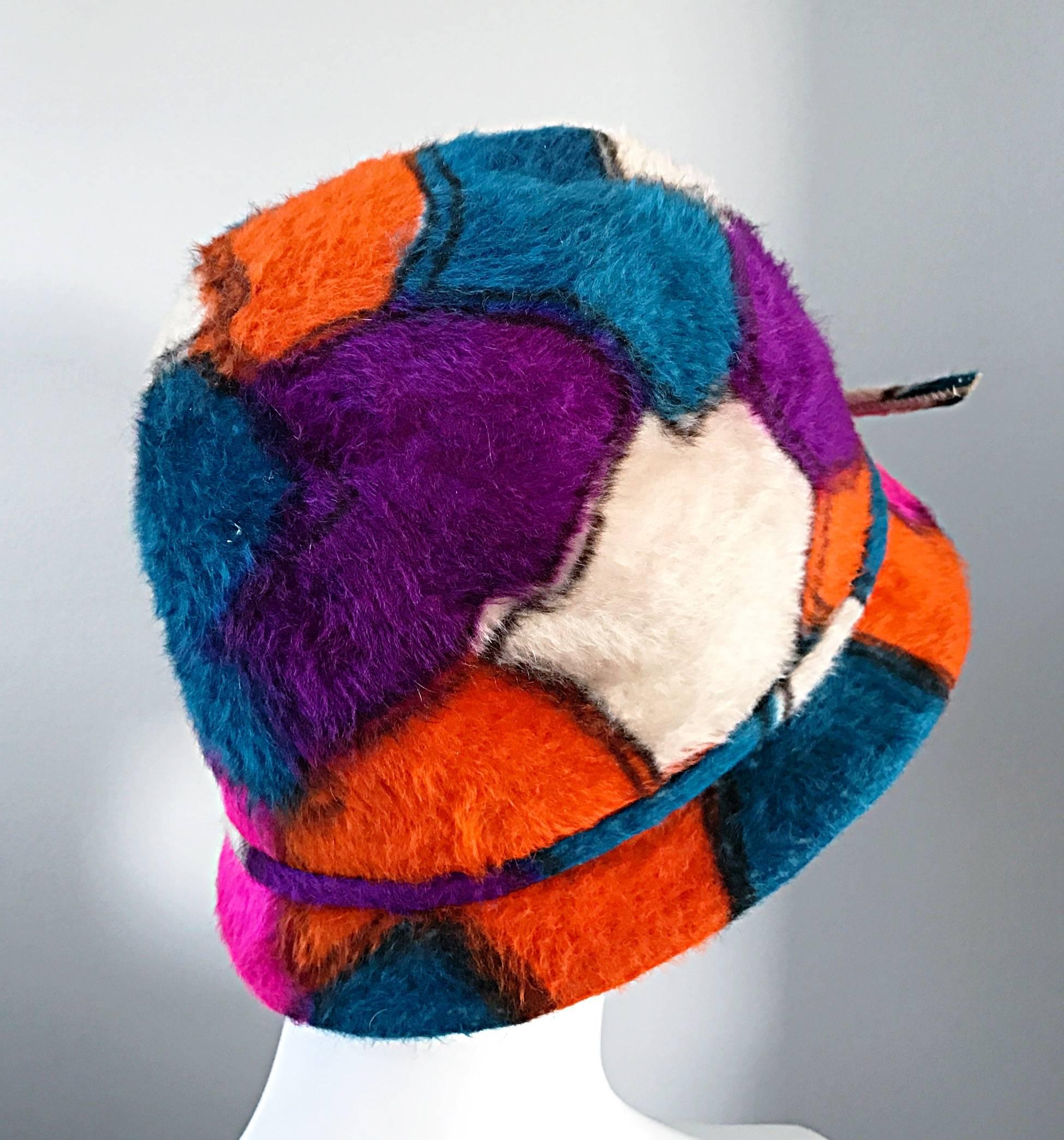 Women's Yves Saint Laurent YSL Color Block Abstract Print Vintage Hat, 1960s 