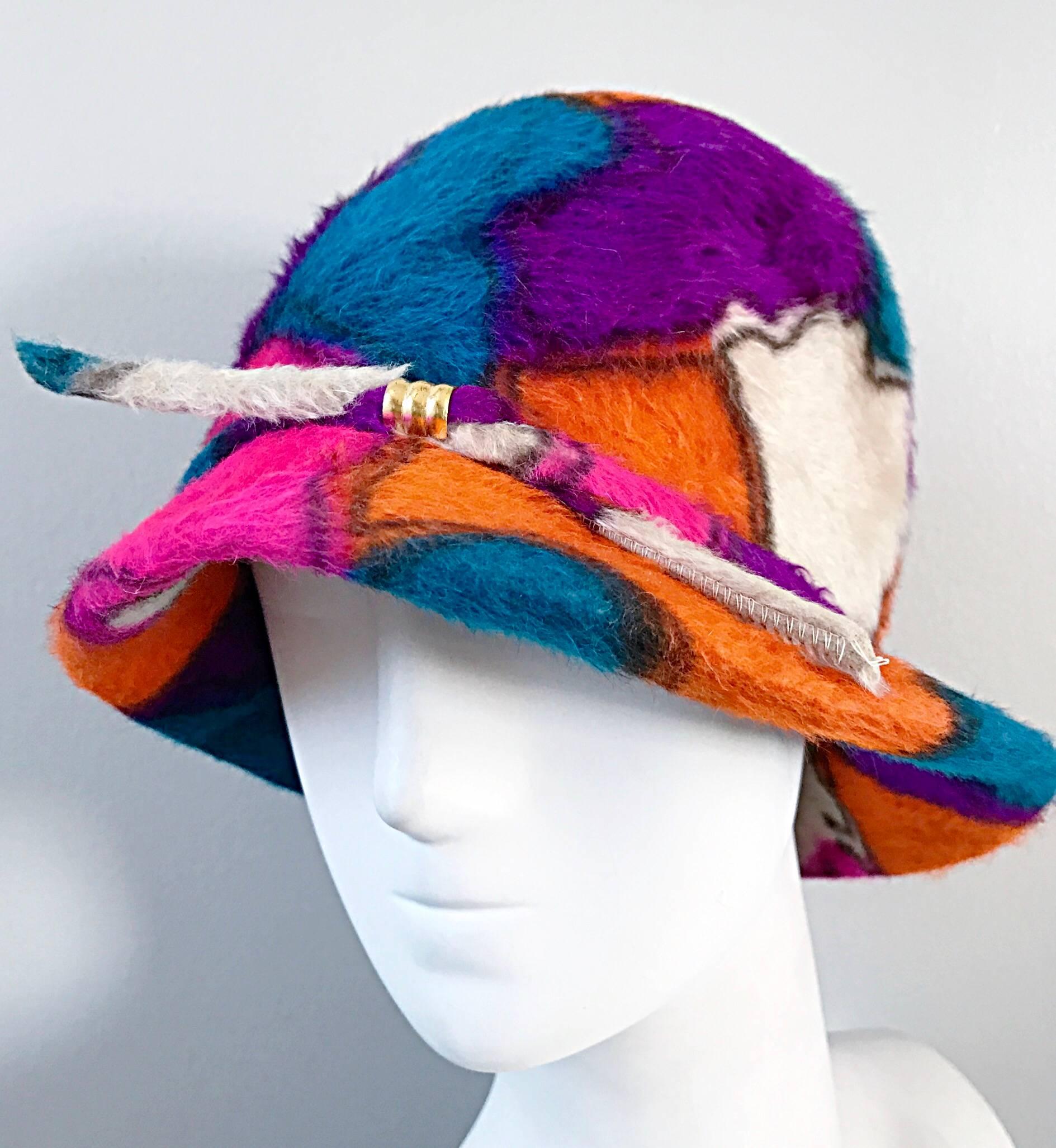 Yves Saint Laurent YSL Color Block Abstract Print Vintage Hat, 1960s  2
