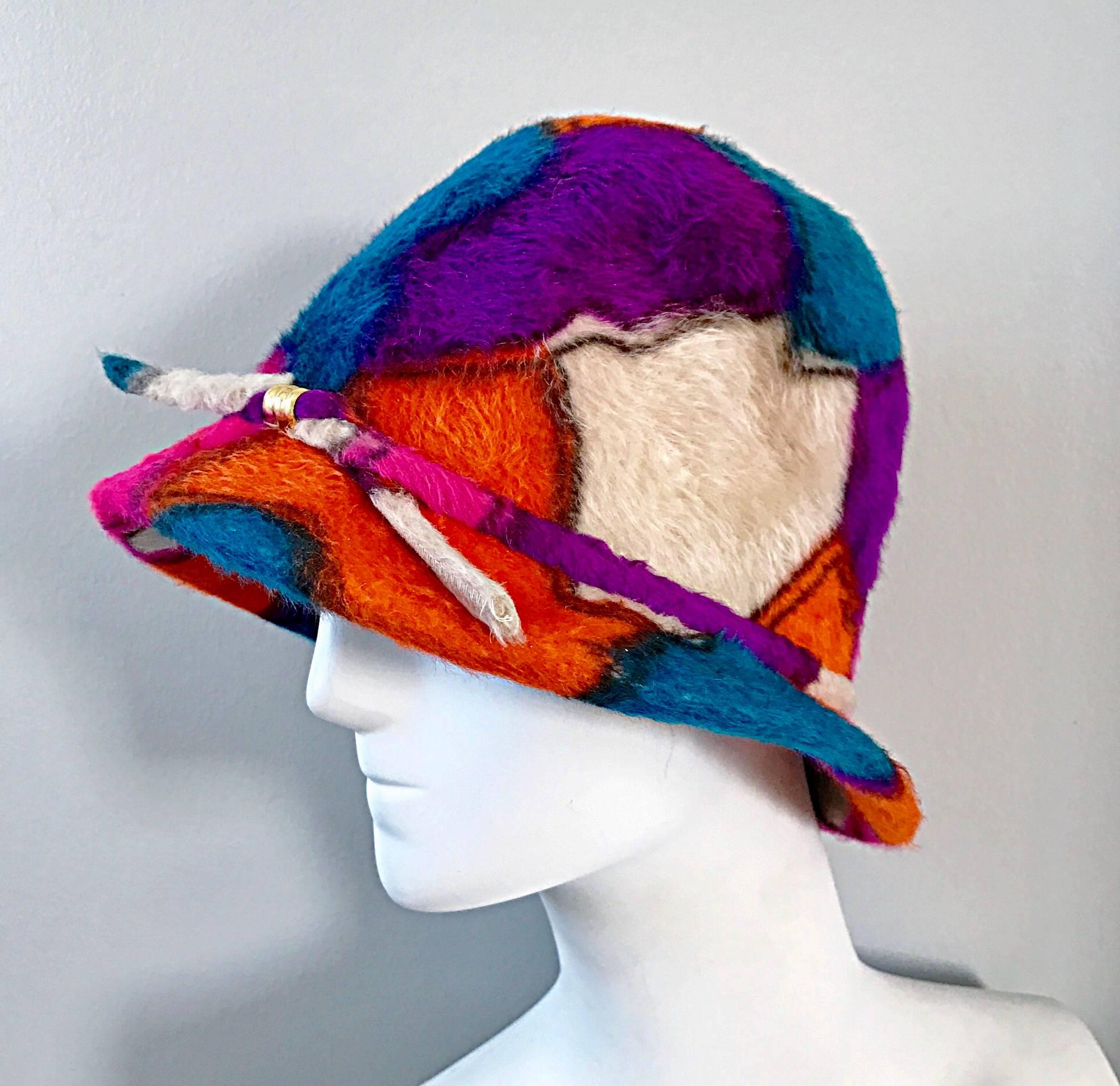 Yves Saint Laurent YSL Color Block Abstract Print Vintage Hat, 1960s  3