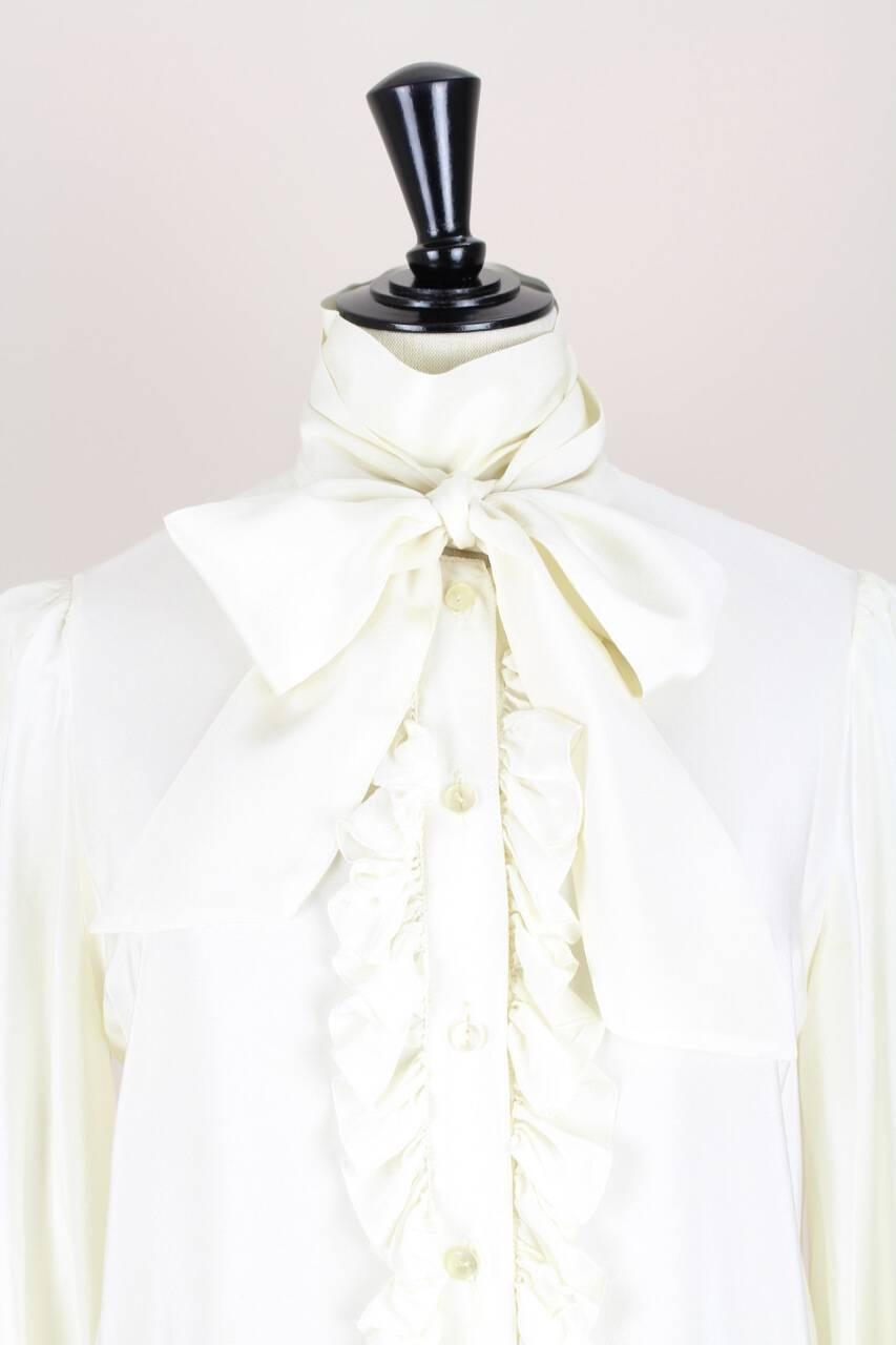 Yves Saint Laurent YSL Cream Silk Bow Tie Ruffled Vintage Blouse Top, 1980s In Excellent Condition In Munich, DE