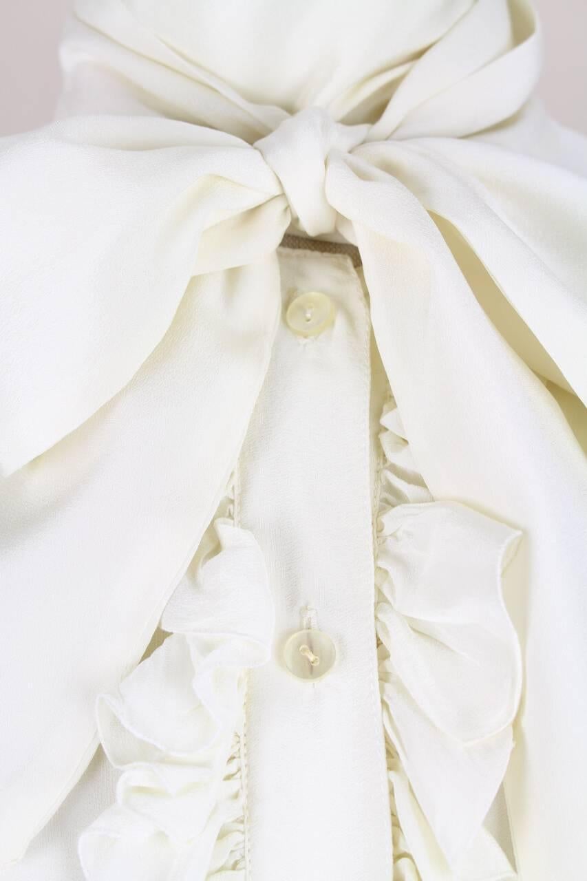 Women's Yves Saint Laurent YSL Cream Silk Bow Tie Ruffled Vintage Blouse Top, 1980s