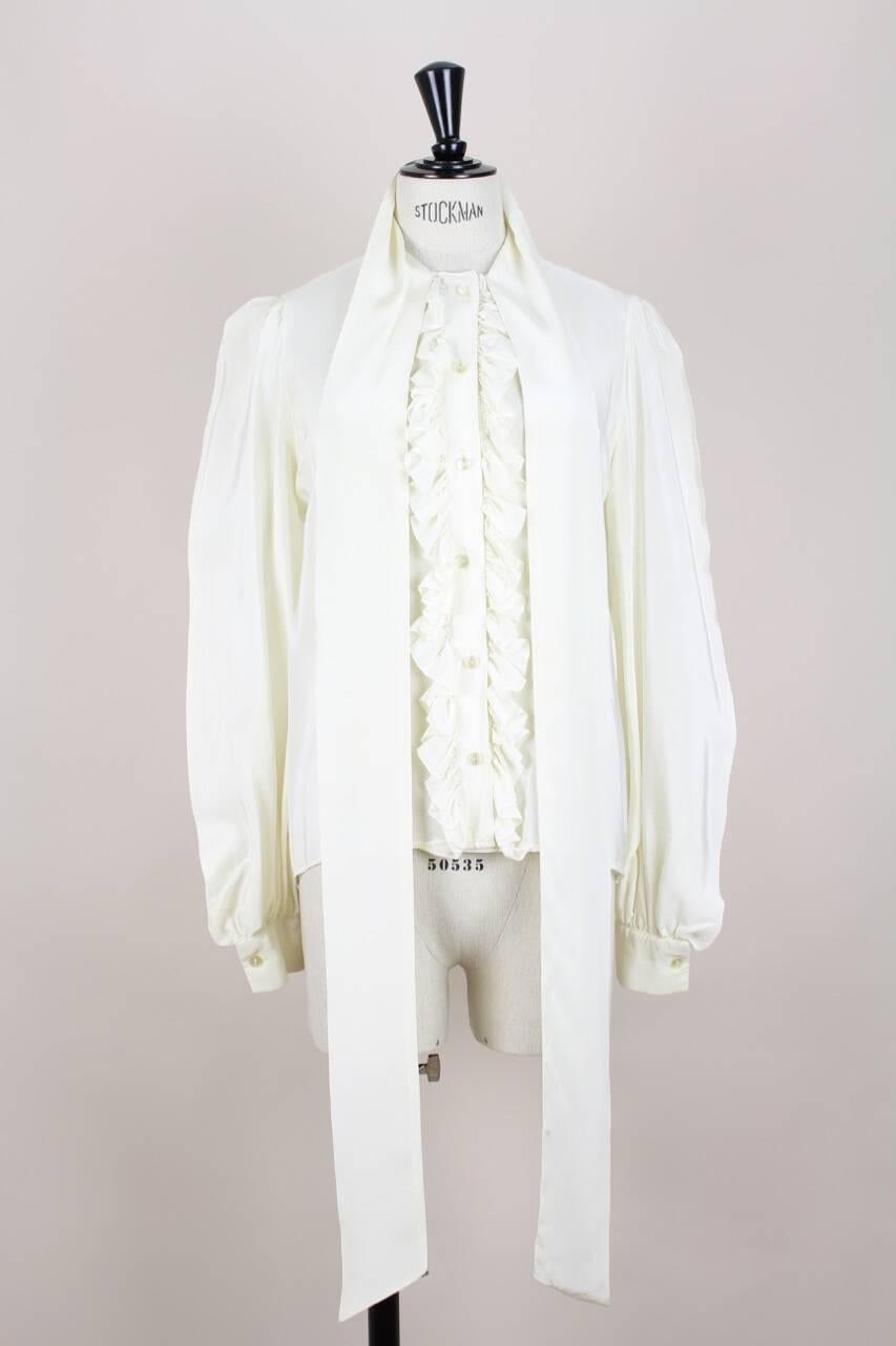 Yves Saint Laurent YSL Cream Silk Bow Tie Ruffled Vintage Blouse Top, 1980s 1