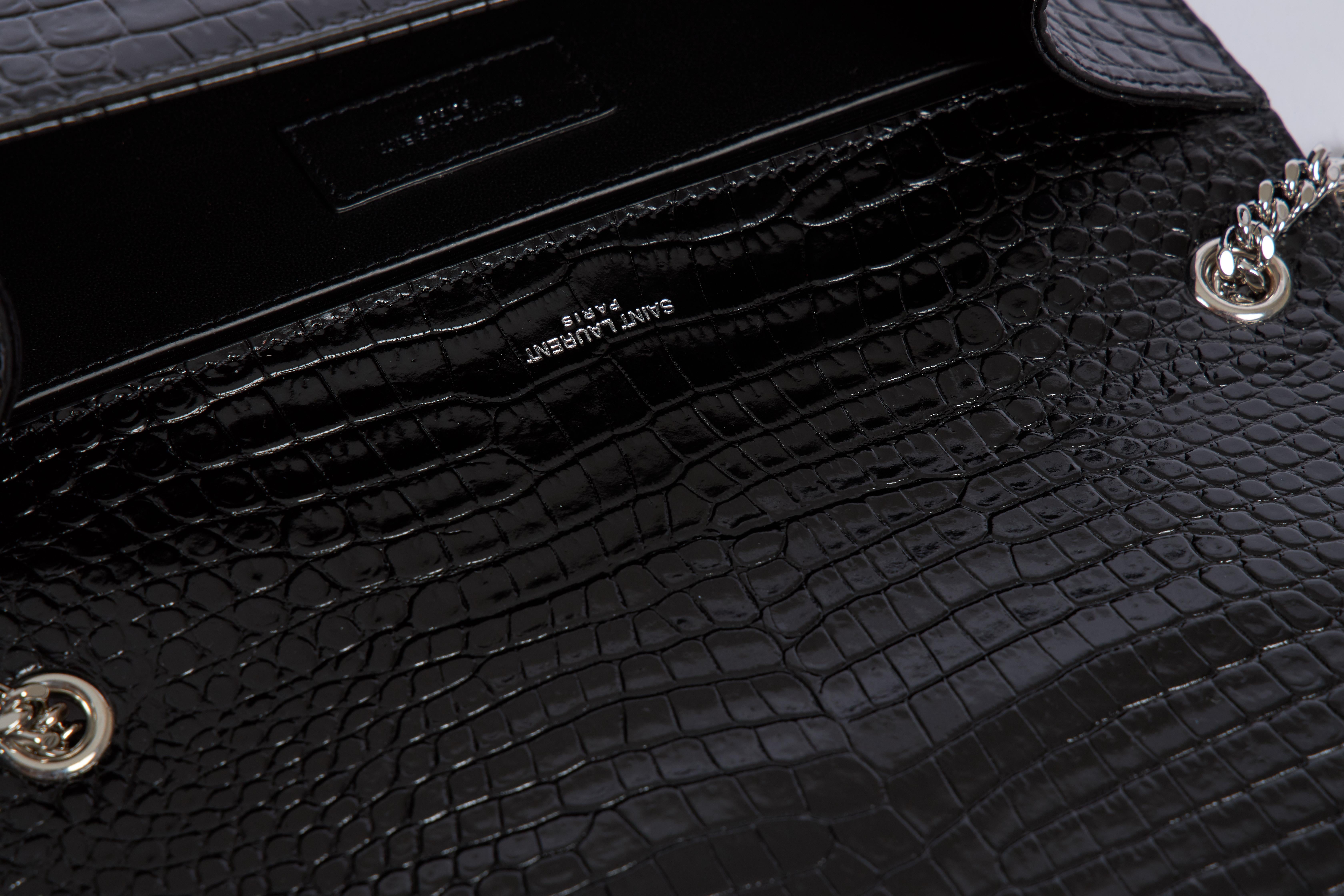 Women's Yves Saint Laurent YSL Crocodile Embossed Black Patent Bag