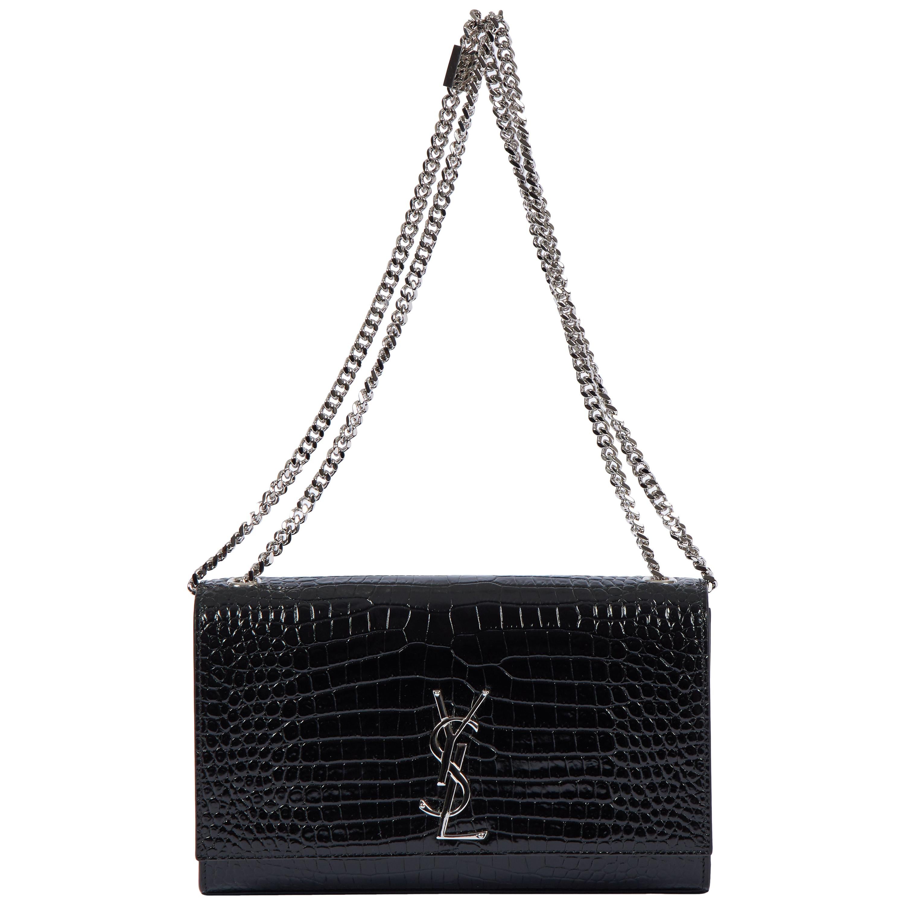 Yves Saint Laurent YSL Crocodile Embossed Black Patent Bag