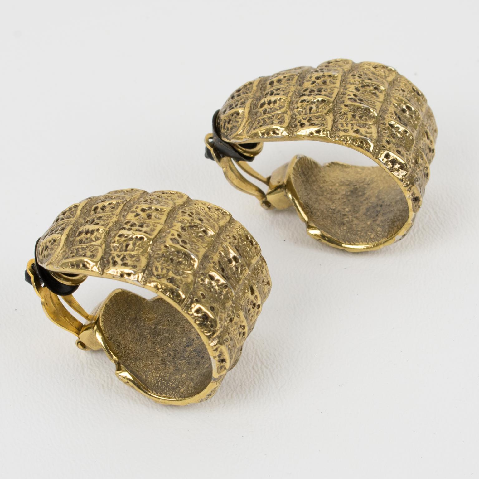 Yves Saint Laurent YSL Crocodile Embossed Gilded Clip Earrings For Sale 5