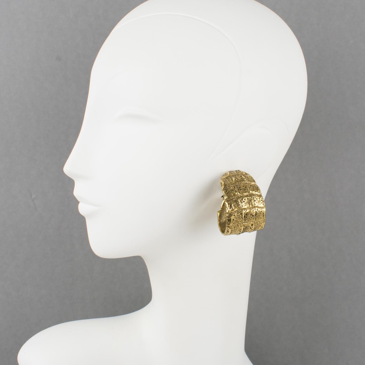 Modern Yves Saint Laurent YSL Crocodile Embossed Gilded Clip Earrings For Sale