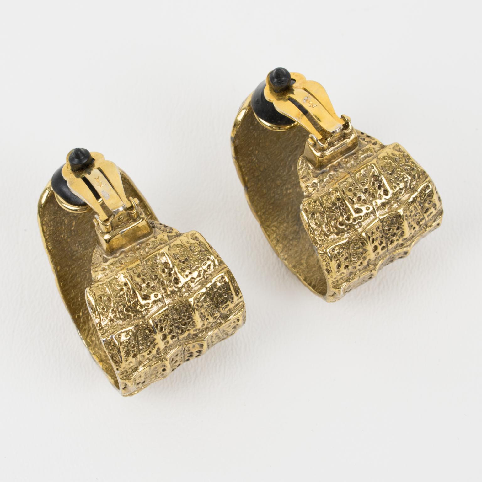 Yves Saint Laurent YSL Crocodile Embossed Gilded Clip Earrings For Sale 1