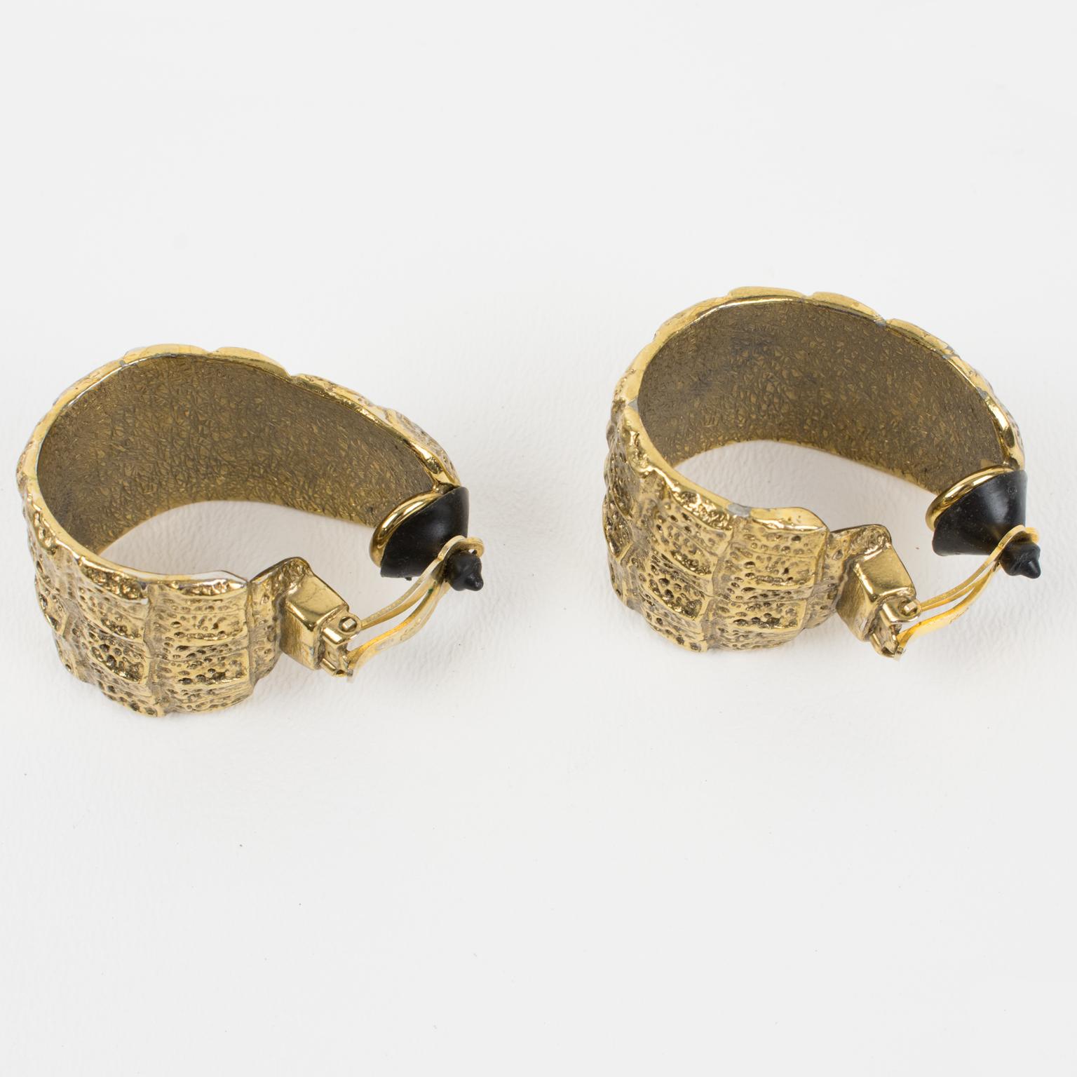 Yves Saint Laurent YSL Crocodile Embossed Gilded Clip Earrings For Sale 2