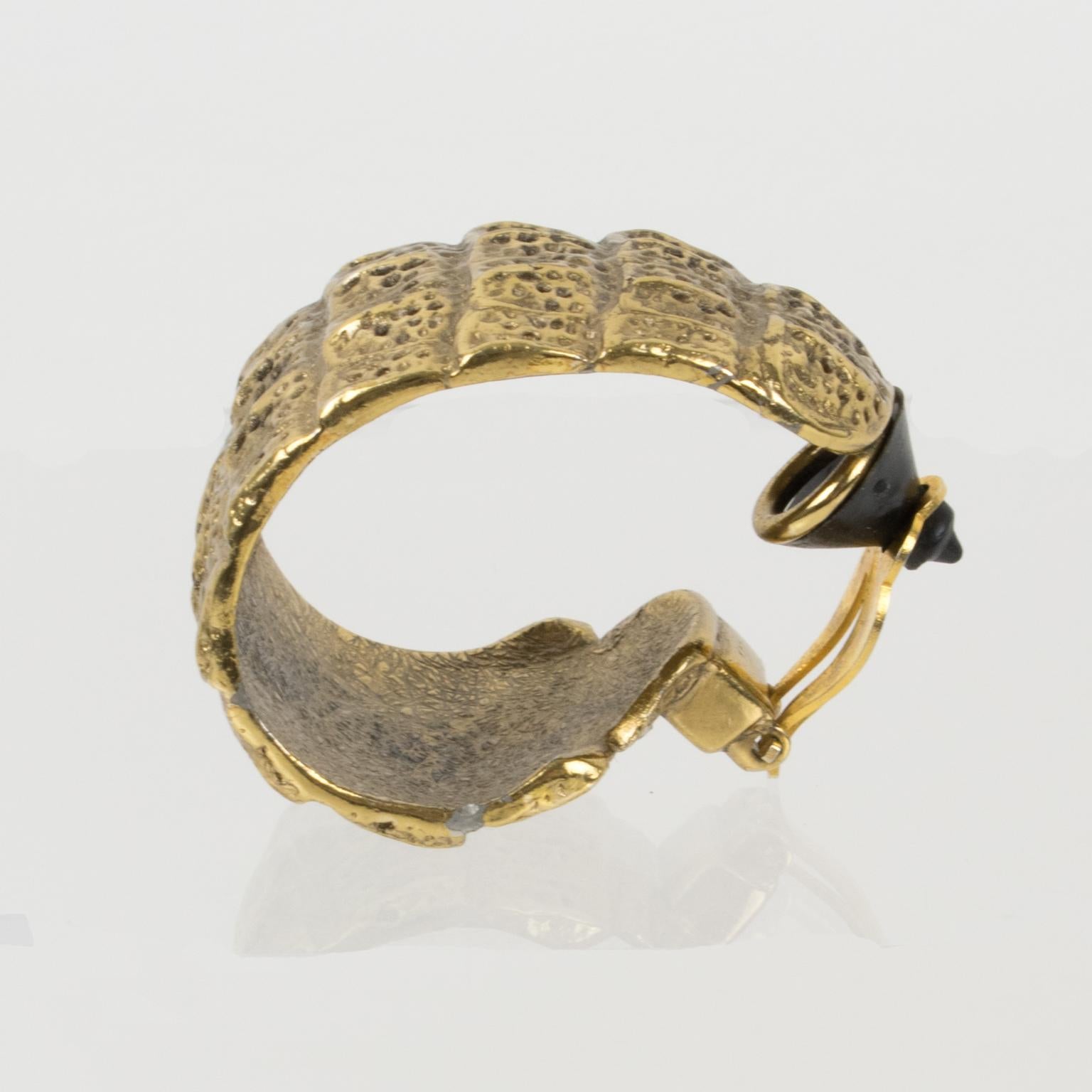 Yves Saint Laurent YSL Crocodile Embossed Gilded Clip Earrings For Sale 4