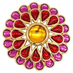 Yves Saint Laurent YSL Double Yellow Ruby Fuchsia Flower Crystals Dome Brooch
