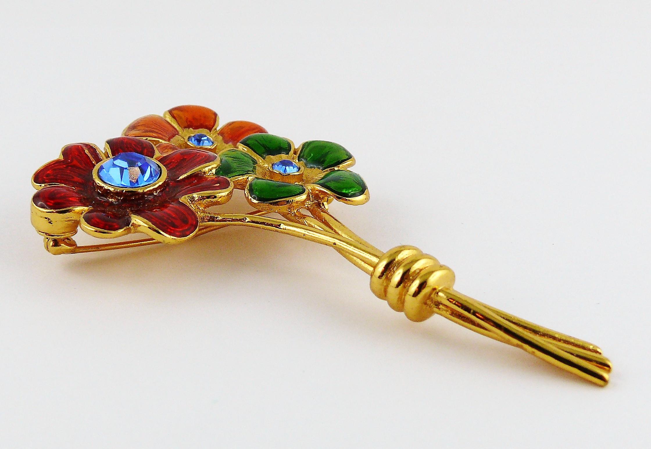 YVES SAINT LAURENT vintage floral spray brooch featuring multiocolored enamel and sapphire color crystals.

Embossed YSL Made in France.

Indicative measurements : max. height approx. 8 cm (3.15 inches) / max. width approx. 4 cm (1.57