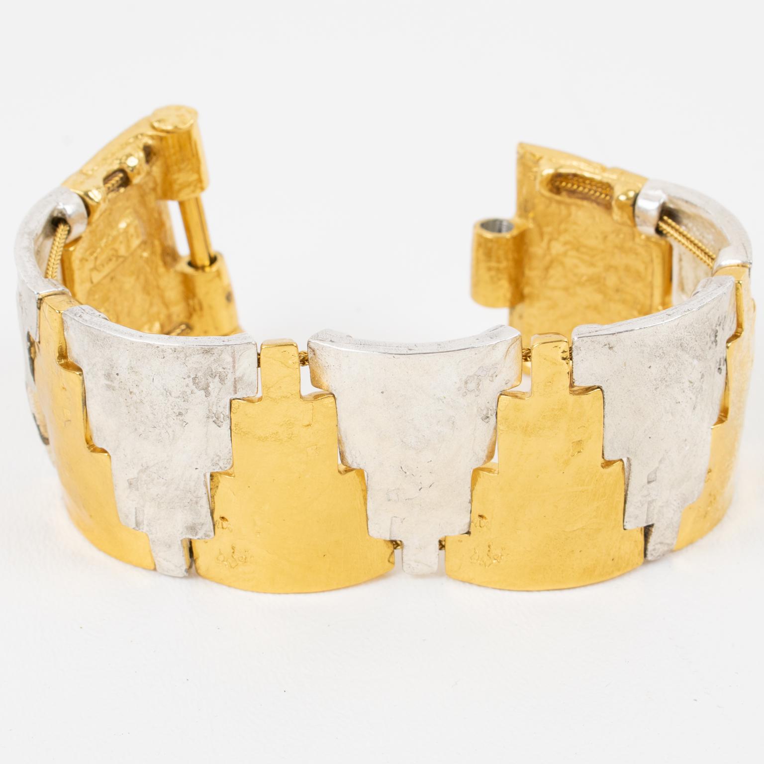 Modernist Yves Saint Laurent YSL Gilt Metal and Silver Plate Geometric Bangle Bracelet  For Sale