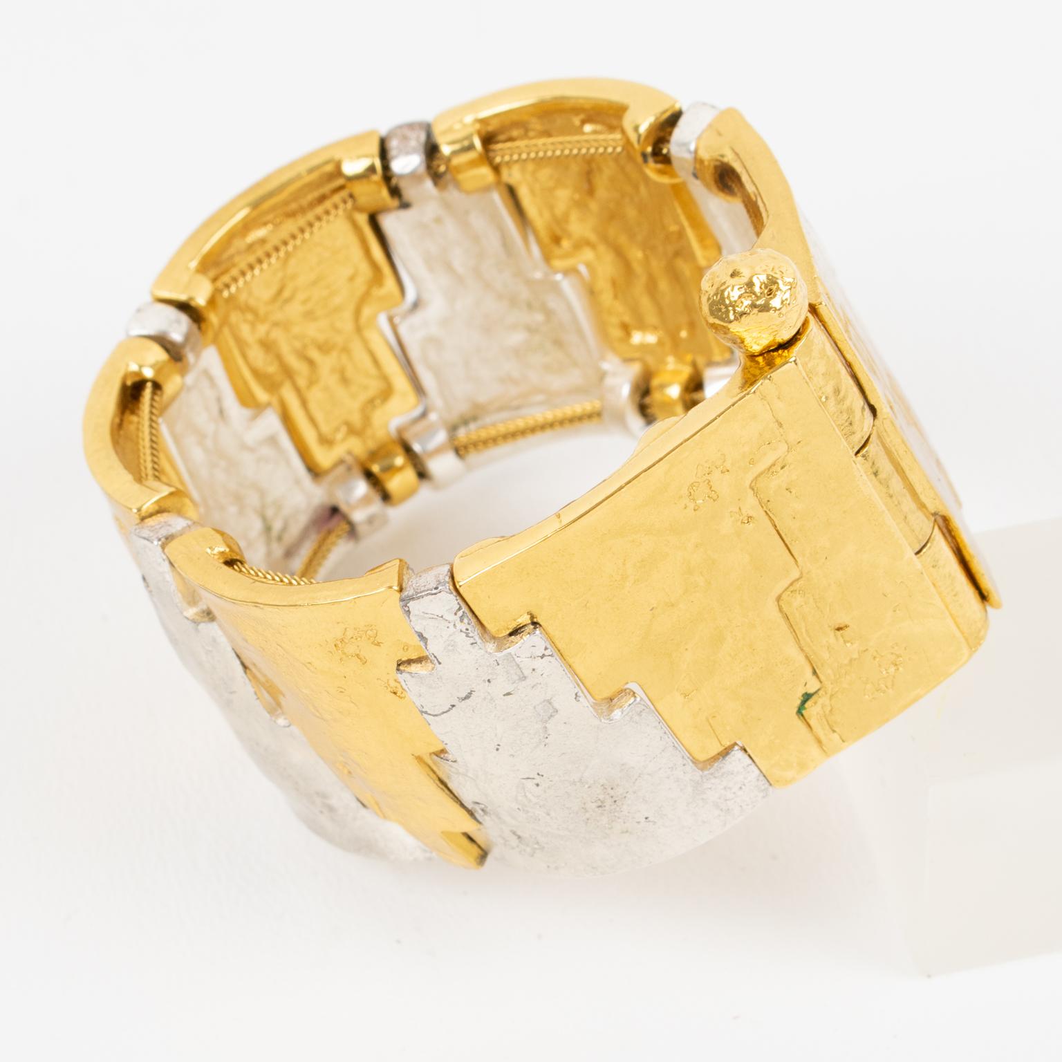 Yves Saint Laurent YSL Gilt Metal and Silver Plate Geometric Bangle Bracelet  In Excellent Condition For Sale In Atlanta, GA