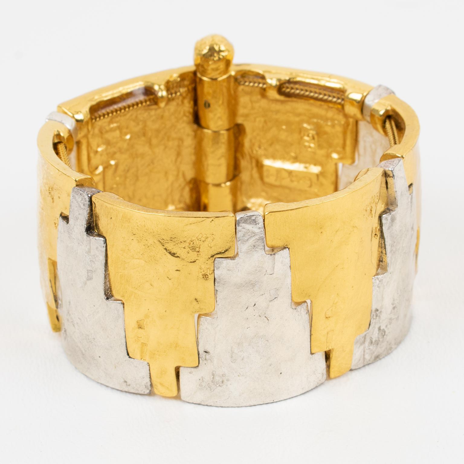 Women's Yves Saint Laurent YSL Gilt Metal and Silver Plate Geometric Bangle Bracelet  For Sale