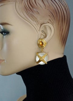 YVES SAINT LAURENT Ysl Gilt Pearly White Medallion Cabochon Dangling EarrinGS