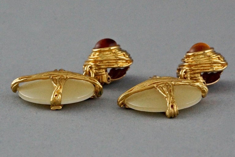 YVES SAINT LAURENT Ysl Gilt Pearly White Medallion Cabochon Dangling