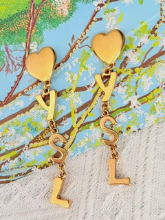 Yves Saint Laurent YSL Gold Arty Long Glow Logo Heart Love Drop Elegant Earrings