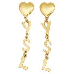 Yves Saint Laurent YSL Gold Arty Long Glow Logo Heart Love Drop Elegant Earrings