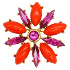 Yves Saint Laurent YSL Gold Fuchsia Red Crystals Flower Marquise Openwork Brooch