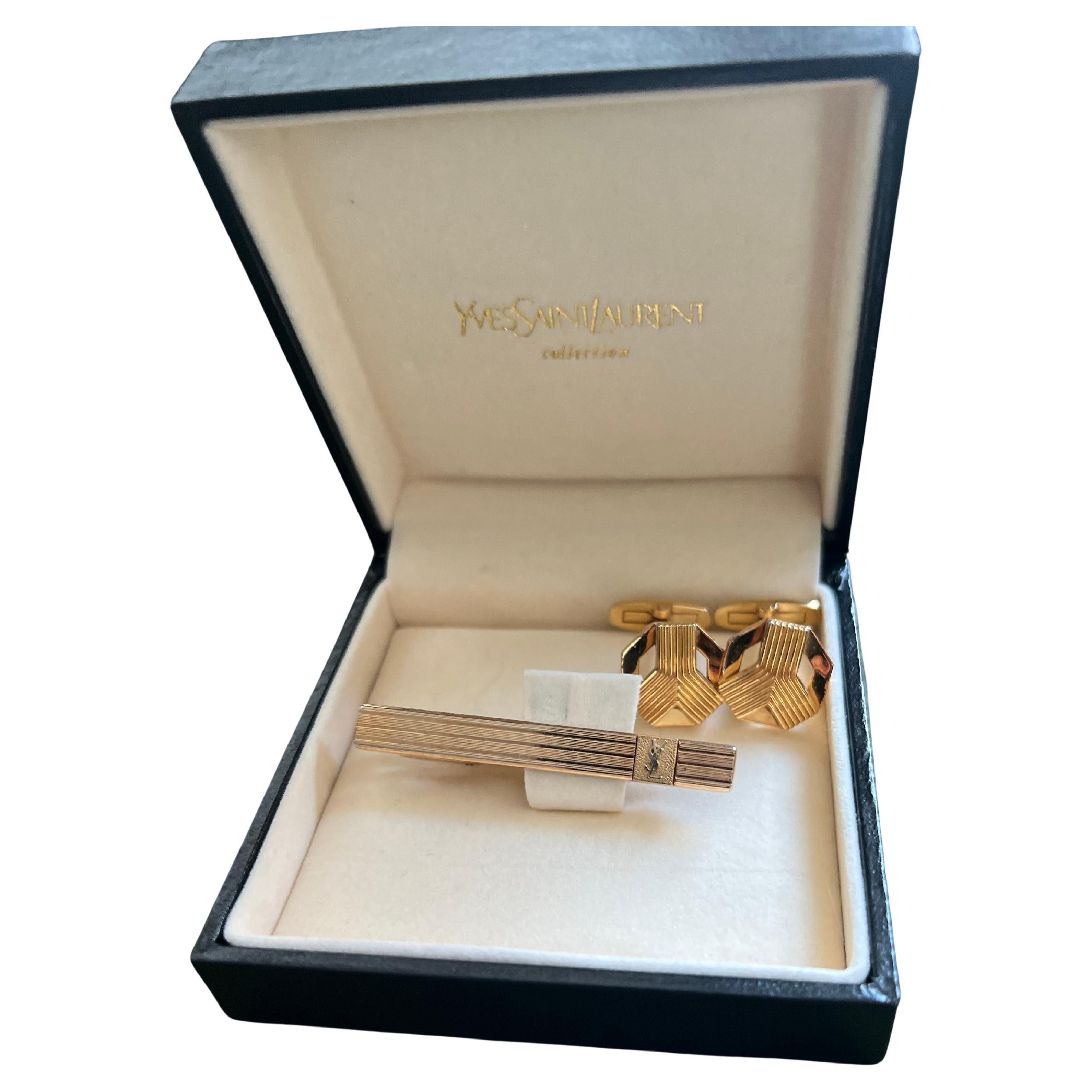 YVES SAINT LAURENT YSL Gold Plate Cufflinks & Tie Tack Clip Set, Original Case