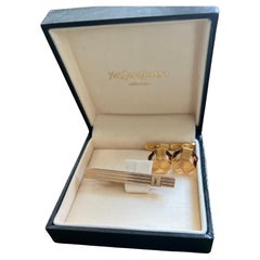 YVES SAINT LAURENT YSL Gold Plate Cufflinks & Tie Tack Clip Set, Original Case