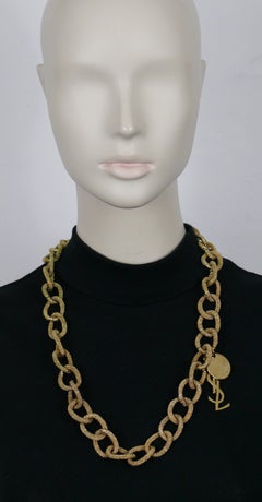YVES SAINT LAURENT YSL Gold Tone Chain Logo Charm Necklace