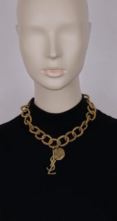 YVES SAINT LAURENT YSL Gold Tone Chain Logo Charm Necklace