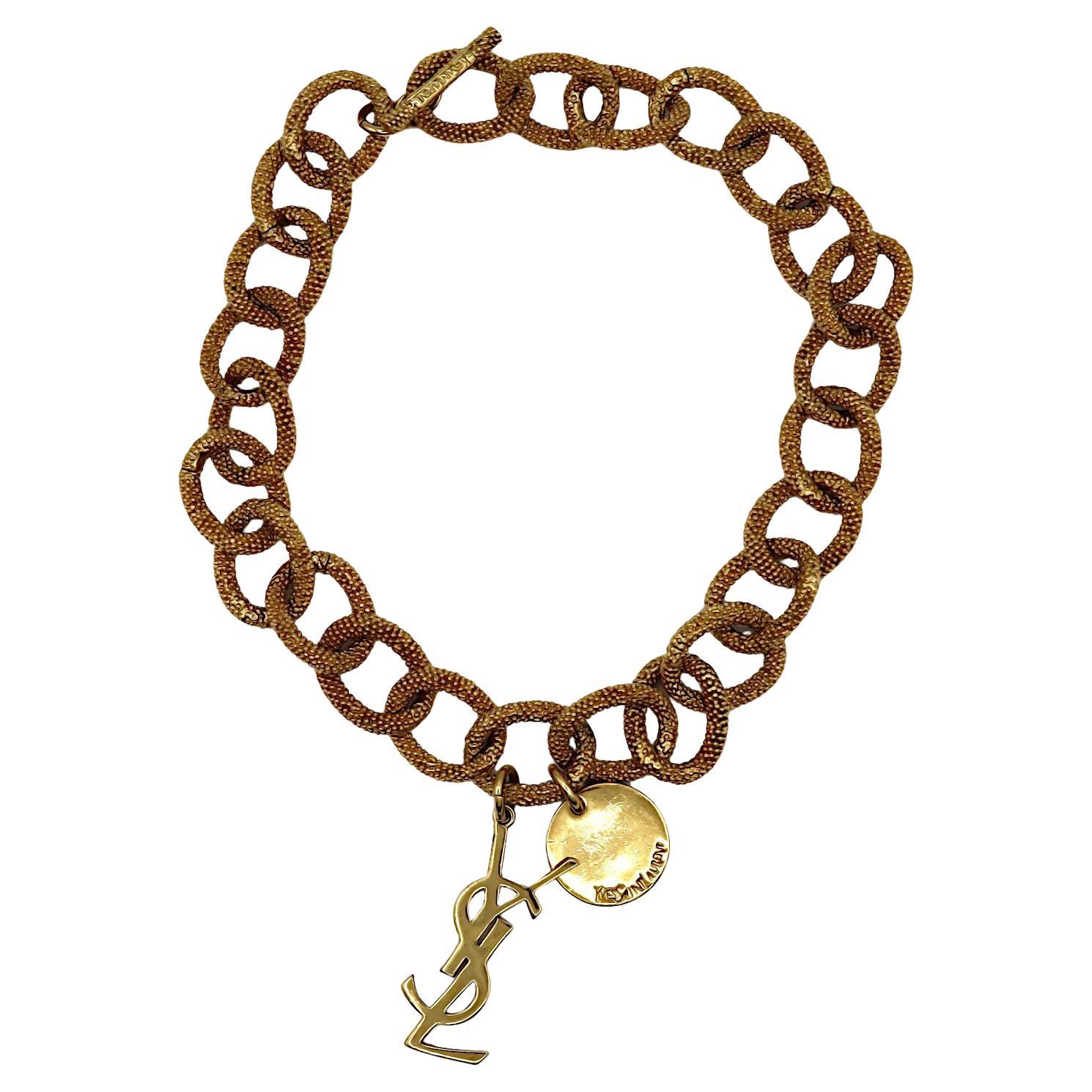 YVES SAINT LAURENT YSL Gold Tone Chain Logo Charm Necklace