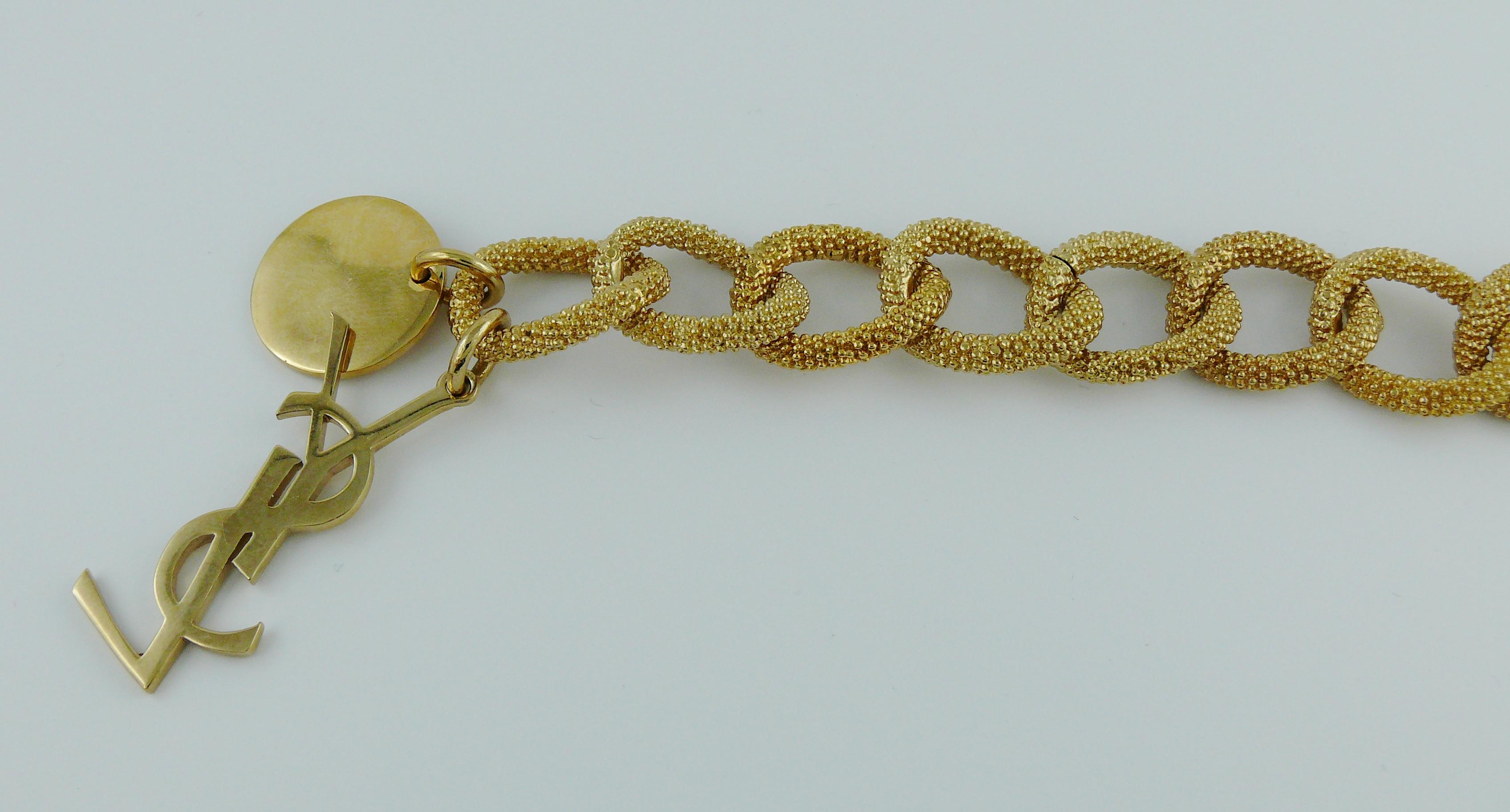 Women's Yves Saint Laurent YSL Gold Toned Chain Logo Charm Bracelet