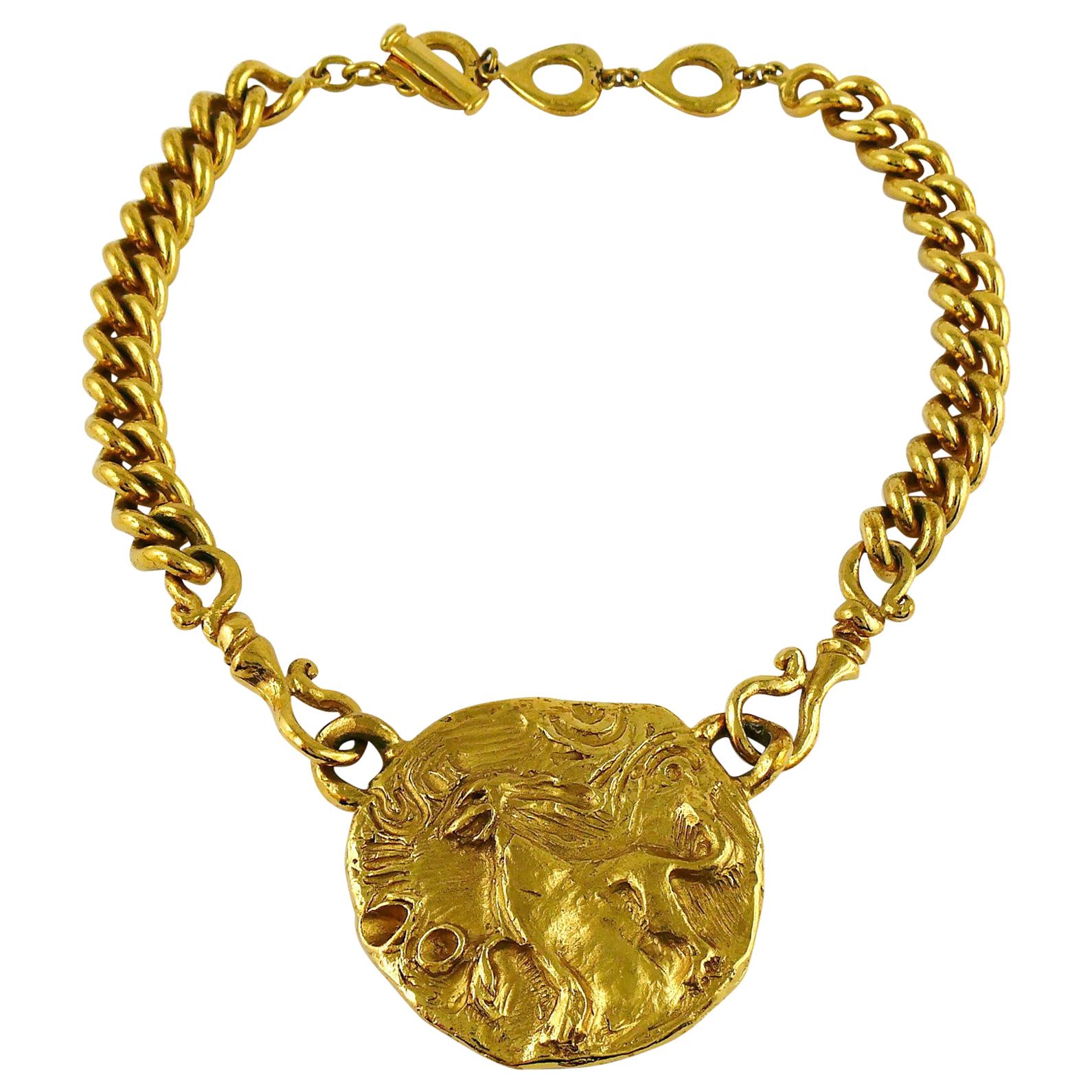 Yves Saint Laurent YSL Gold Toned Mythological Creature Medallion Necklace