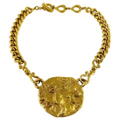 Yves Saint Laurent YSL Gold Toned Mythological Creature Medallion Necklace