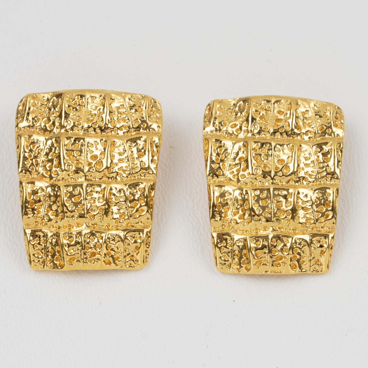Modern Yves Saint Laurent YSL Goldtone Crocodile Earrings